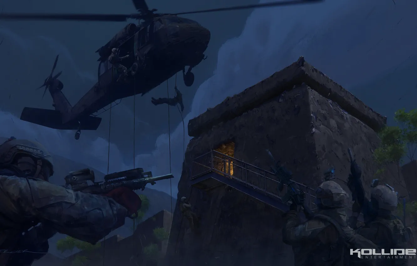 Фото обои спуск, солдаты, вертолёт, операция, Midnight operations