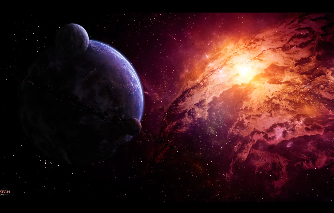 Фото обои звезды, туманность, планета, астероиды, спутники, nebula
