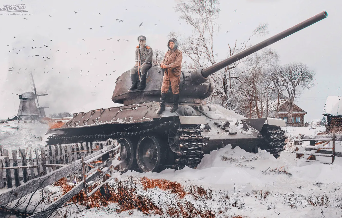 Фото обои Зима, Солдаты, Двое, Танк, Т-34-85, Танкист