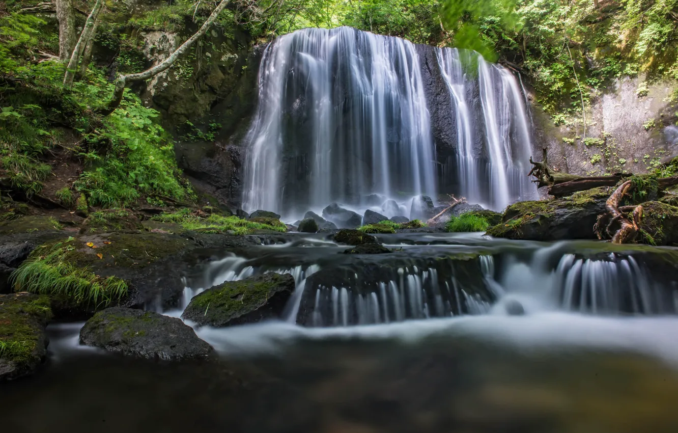Фото обои осень, листья, вода, водопад, поток, water, waterfall, stream