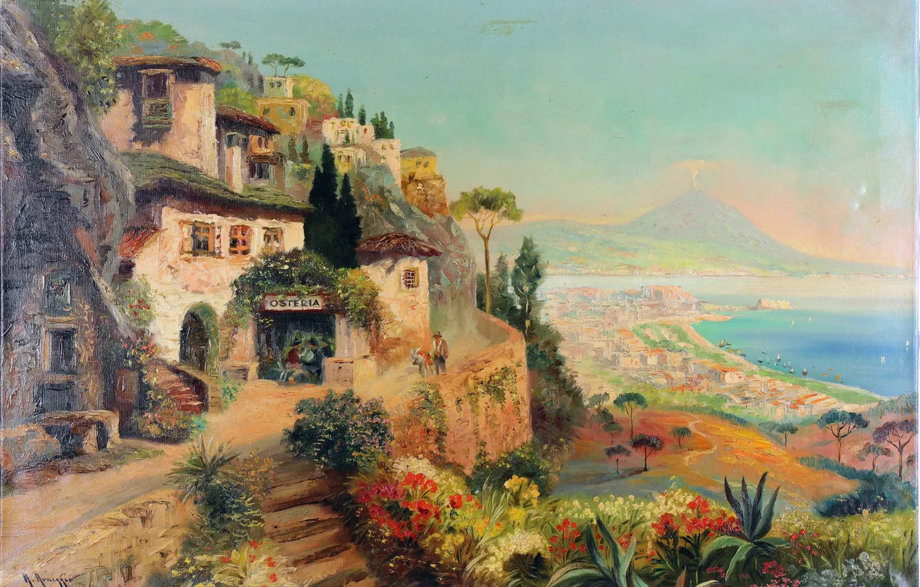 Фото обои Цветы, Дома, Горы, Деревья, Картина, Побережье, Alois Arnegger, Алоис Арнеггер