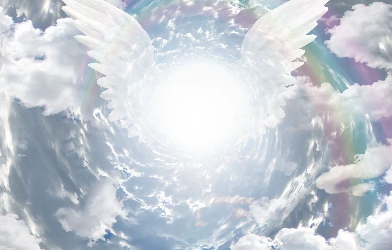 Фото обои небо, облака, крылья, ангел