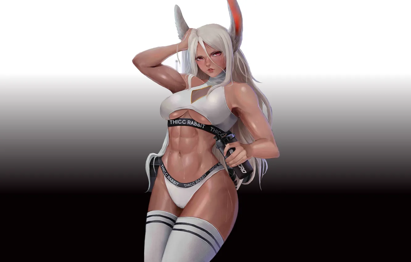 Фото обои girl, anime, pretty, babe, bunny, fitness, white hair, tan
