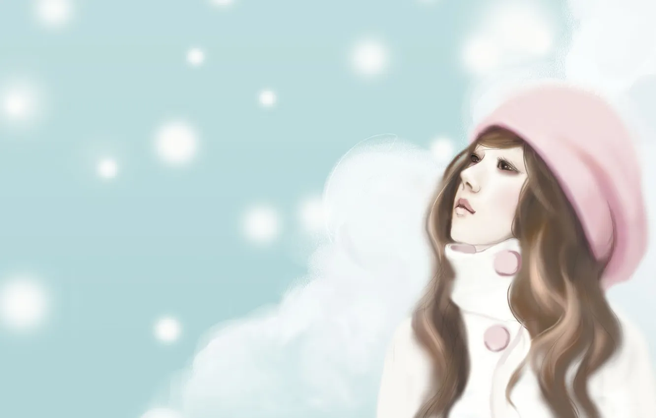 Фото обои девушка, снежинки, шатенка, шапочка, мечтательность, Enakei