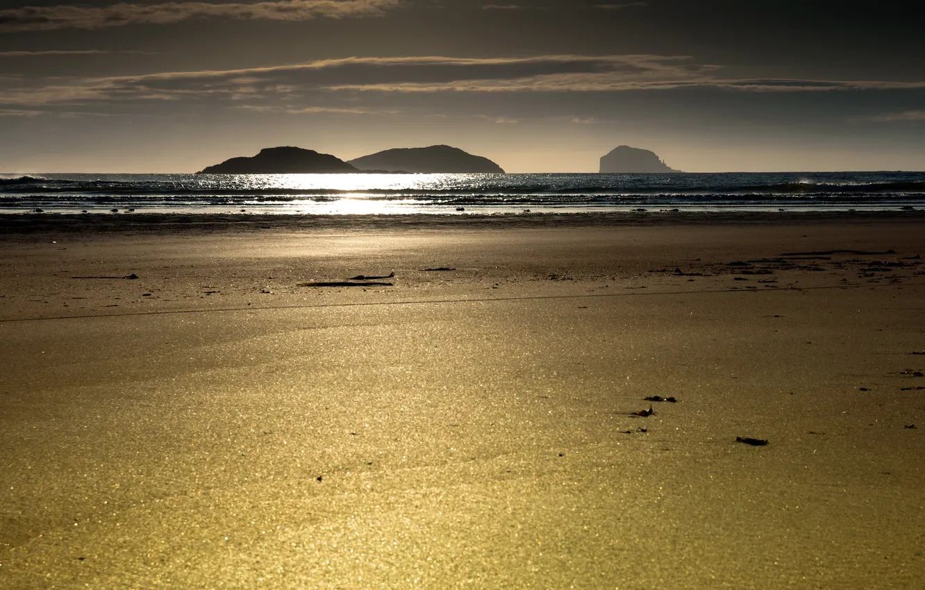 Фото обои песок, море, пляж, пейзаж, закат, природа