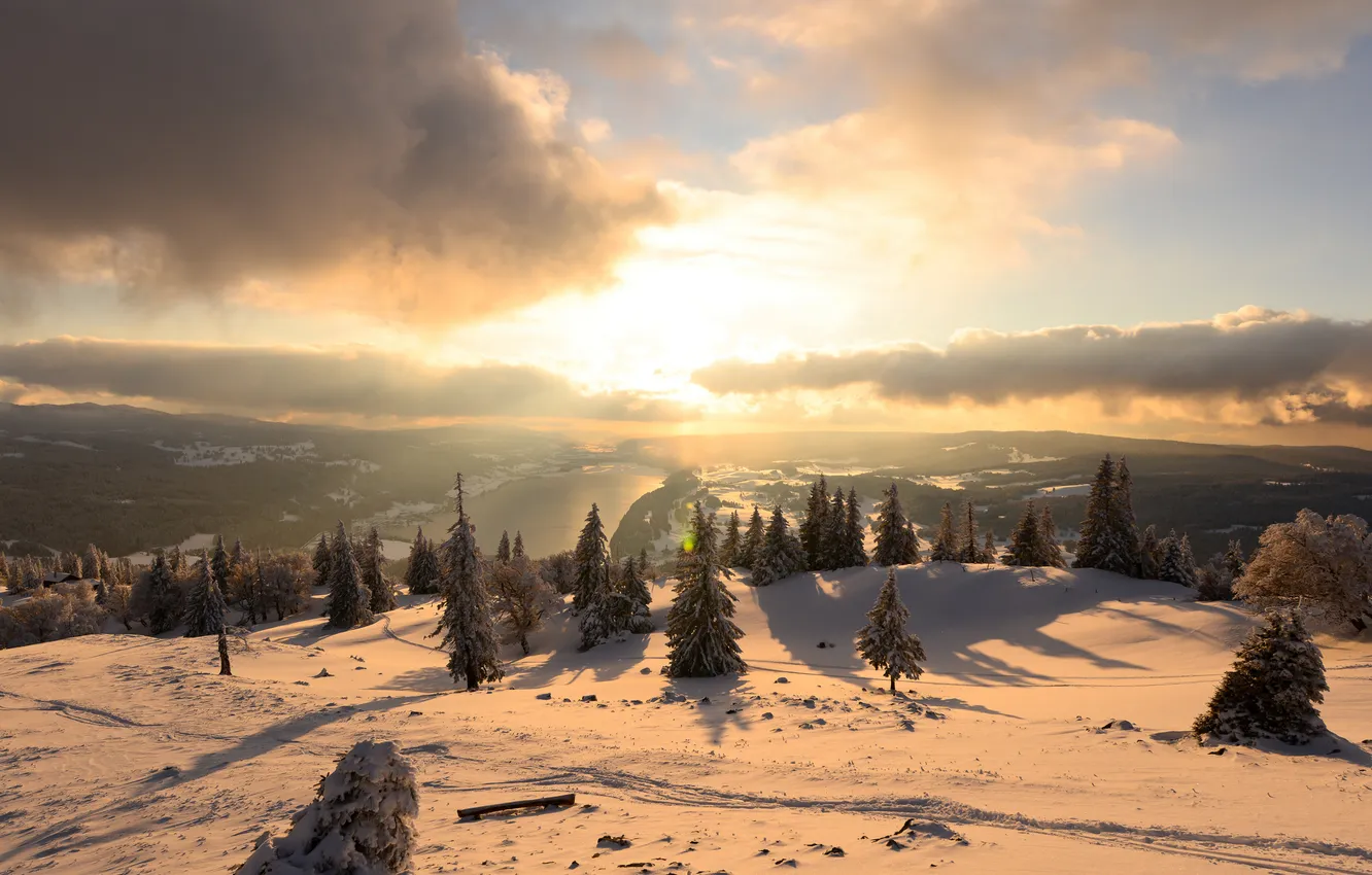 Фото обои зима, солнце, свет, снег, река, утро, долина, switzerland