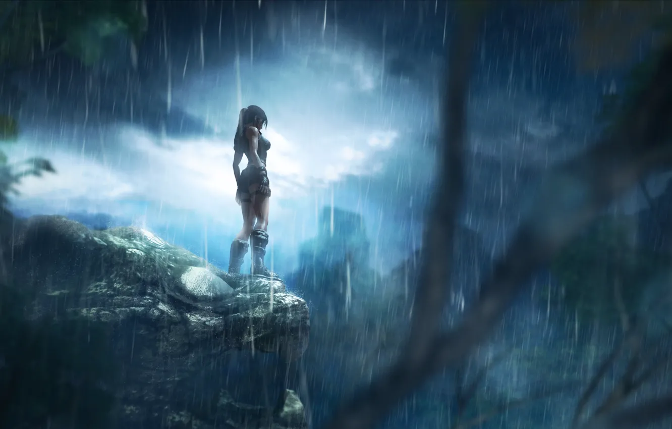 Фото обои ночь, дождь, джунгли, lara croft, tomb raider