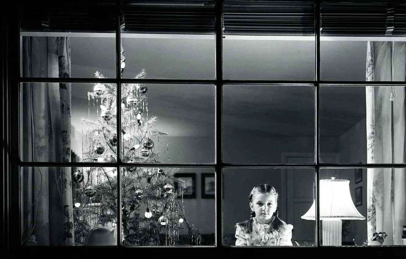Фото обои елка, новый год, черно-белая, окно, ожидание