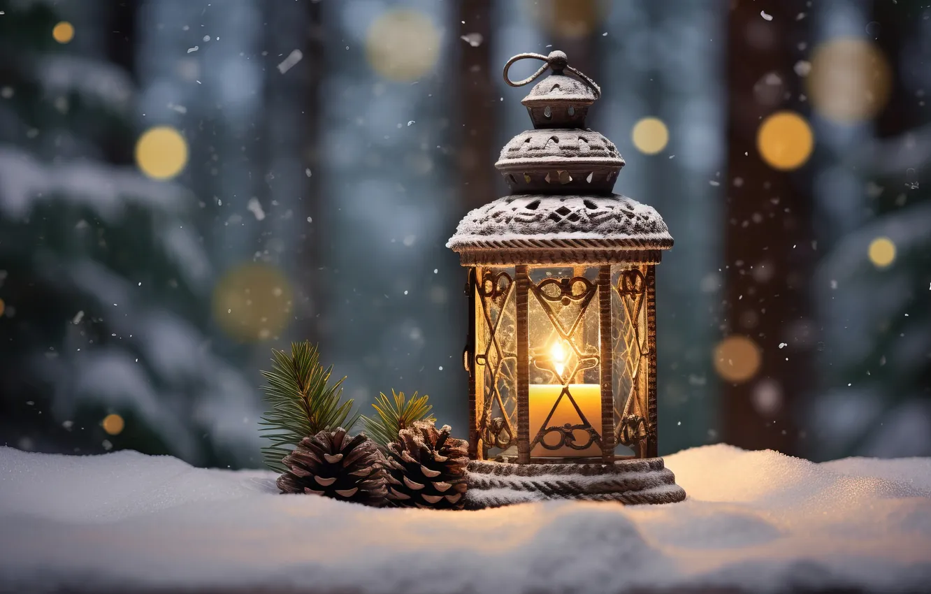 Фото обои зима, снег, ночь, Рождество, фонарь, Новый год, Christmas, night