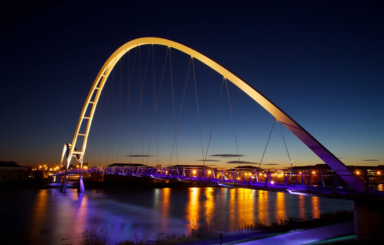 Фото обои ночь, мост, город, огни, река, Англия, England, Stockton
