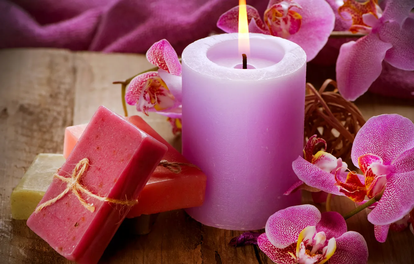 Фото обои цветы, свеча, мыло, орхидеи, soap, flowers, candle, orchids