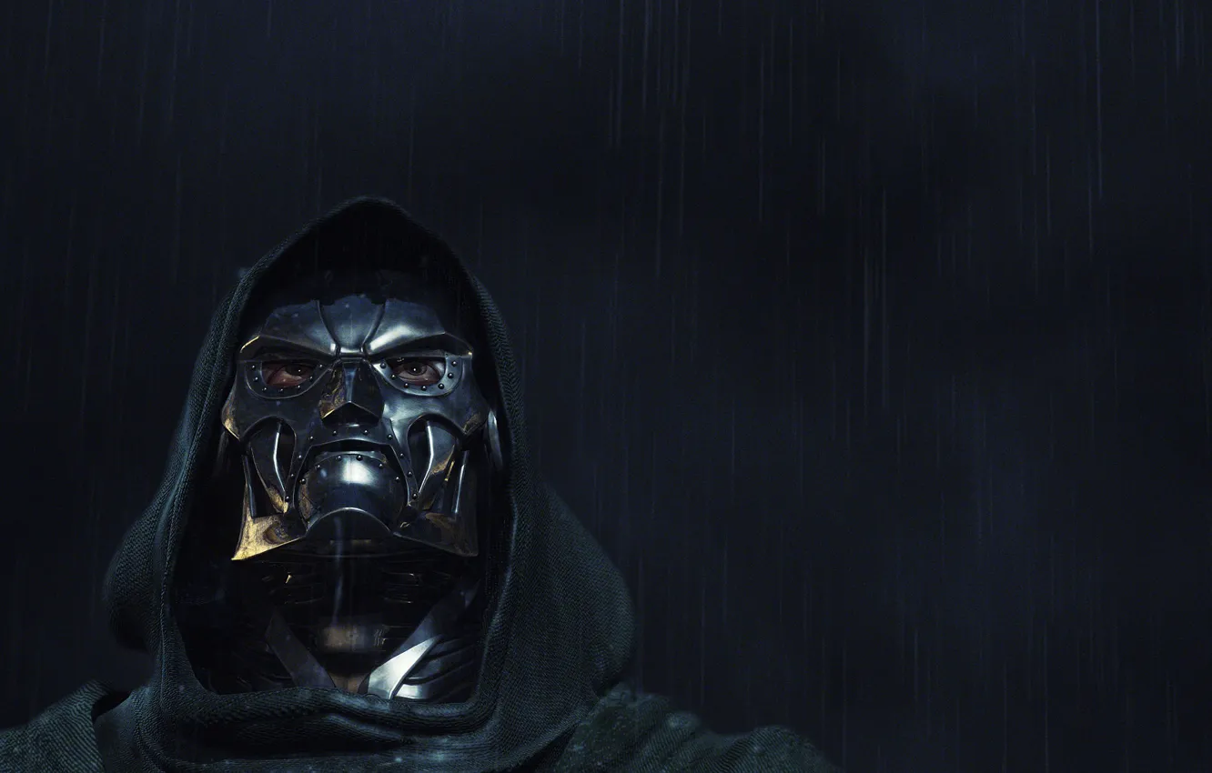 Фото обои взгляд, дождь, капюшон, Fantastic Four, железная маска, Doctor Doom, Marvel Comics. Marvel
