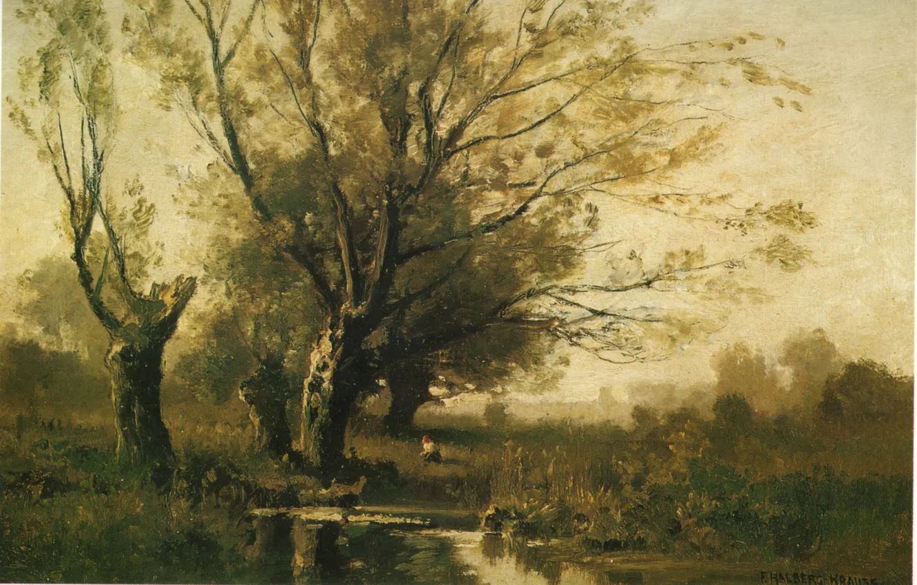 Фото обои деревья, река, visual arts, девочка собирает грибы, HALBERG-KRAUSS