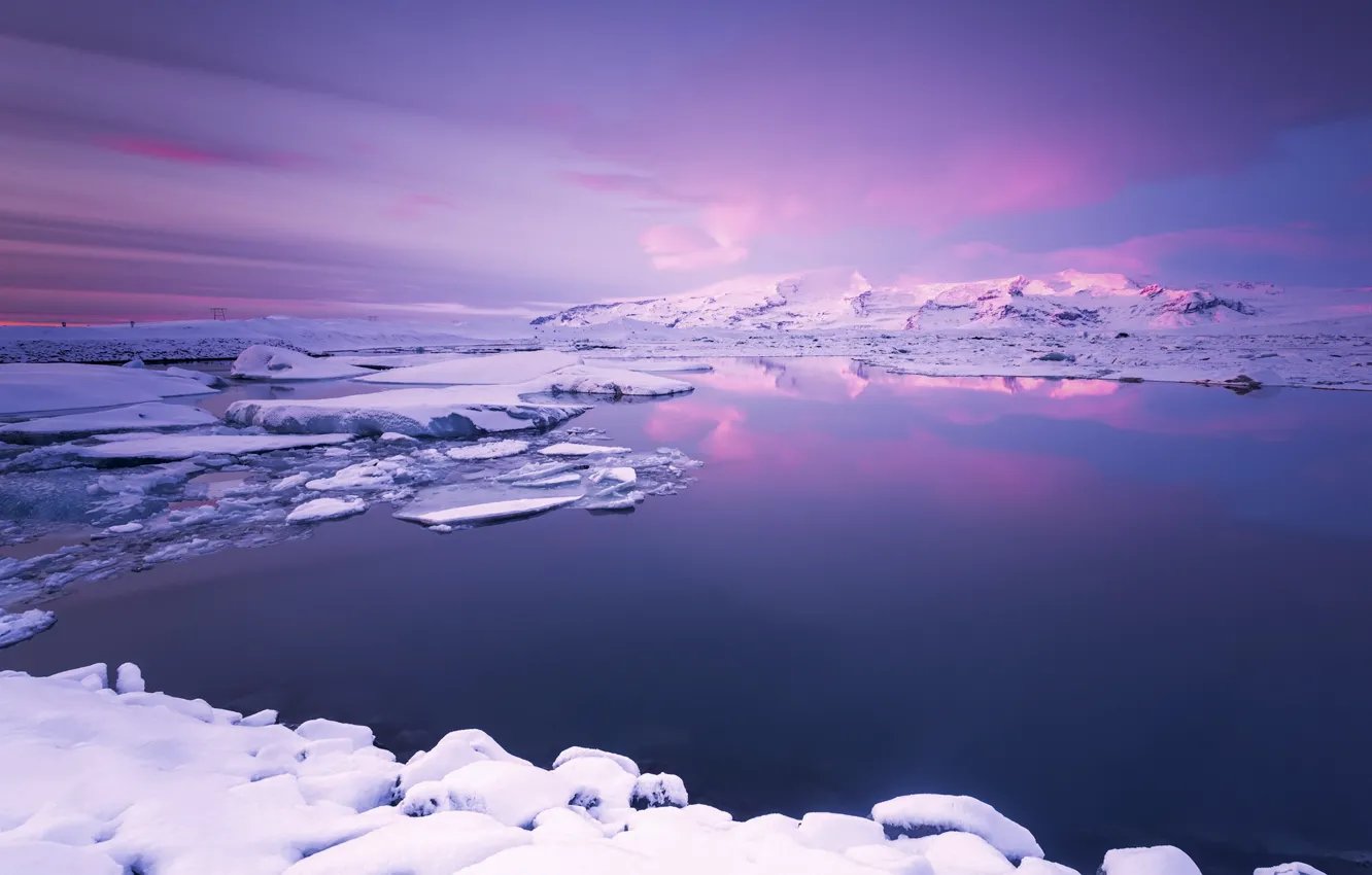 Фото обои Light, Clouds, Sky, Purple, Landscape, Snow, View, Nice