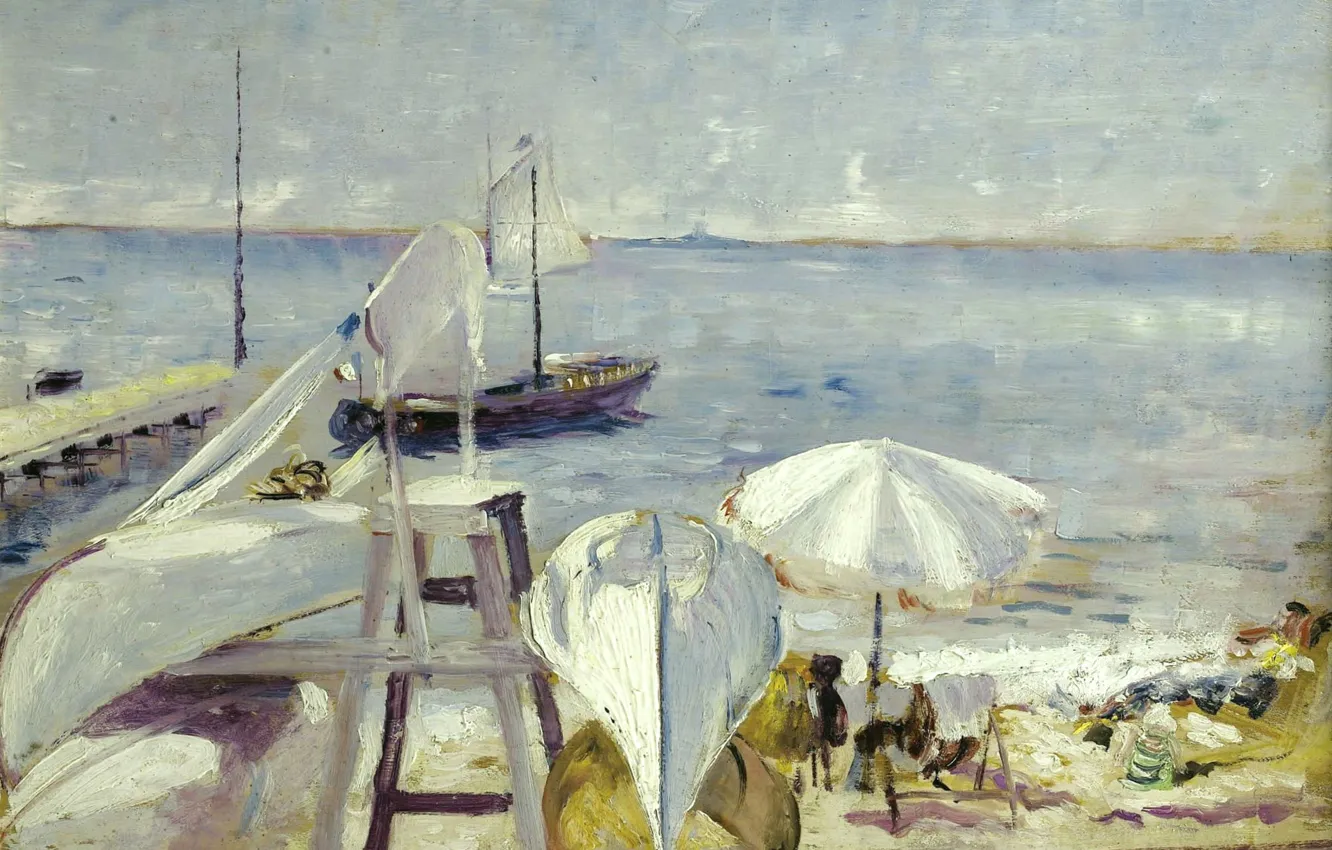 Фото обои пейзаж, лодка, Пляж, картина, причал, Люсьен Адрион, Lucien Adrion