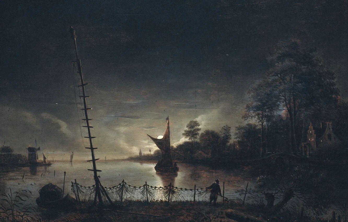 Фото обои ночь, лодка, картина, парус, Антон ван Борссом, Пейзаж в Лунном Свете