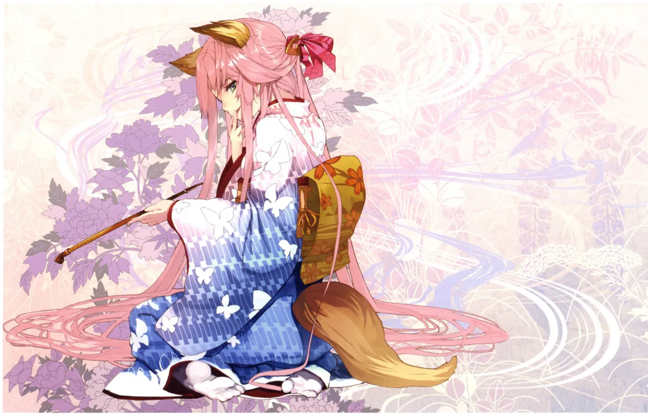 Фото обои цветы, узор, девочка, хвост, кимоно, сидит, ушки, art