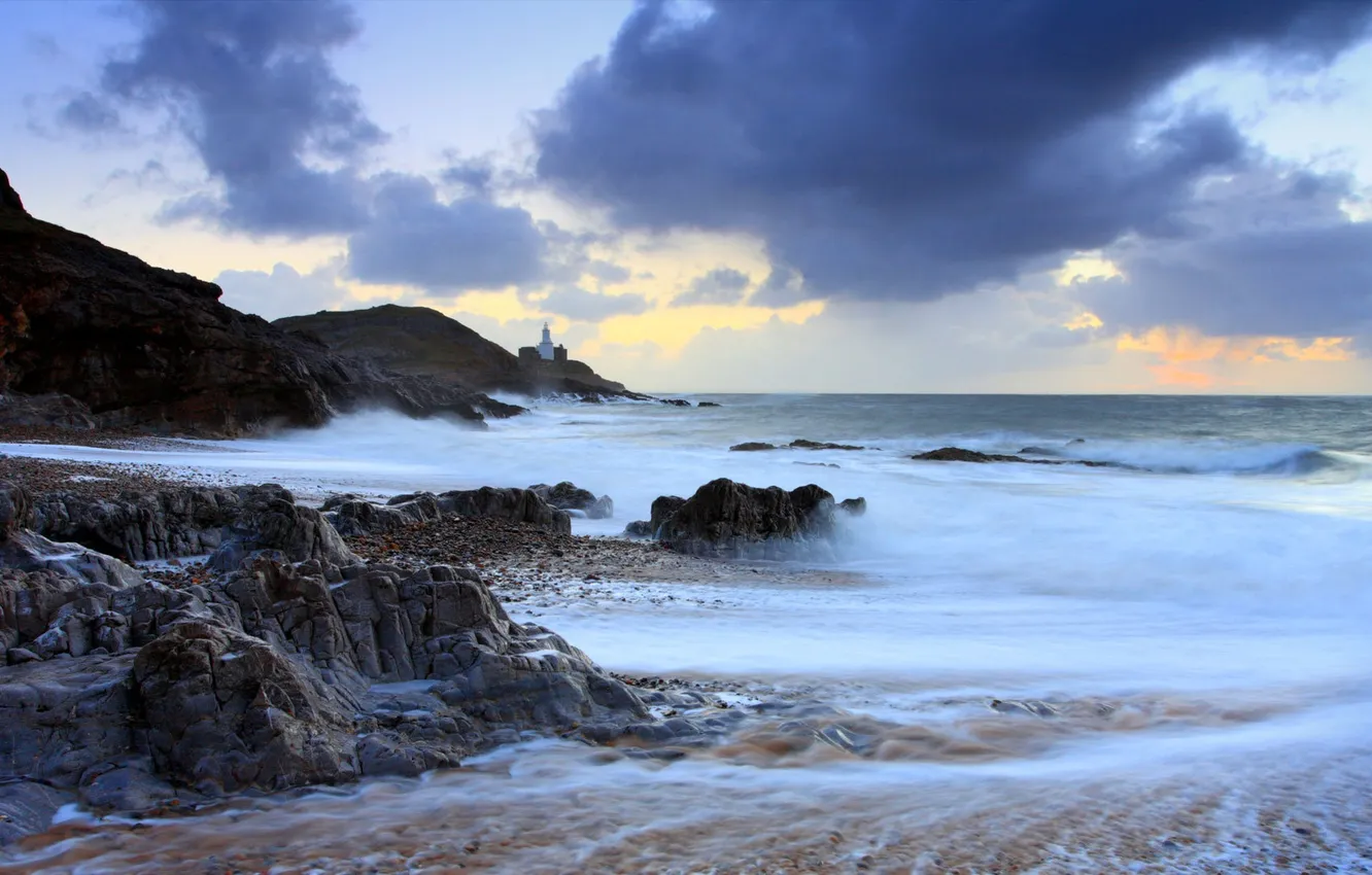 Фото обои море, скалы, маяк, Уэльс, графство Гламорган, Гауэр