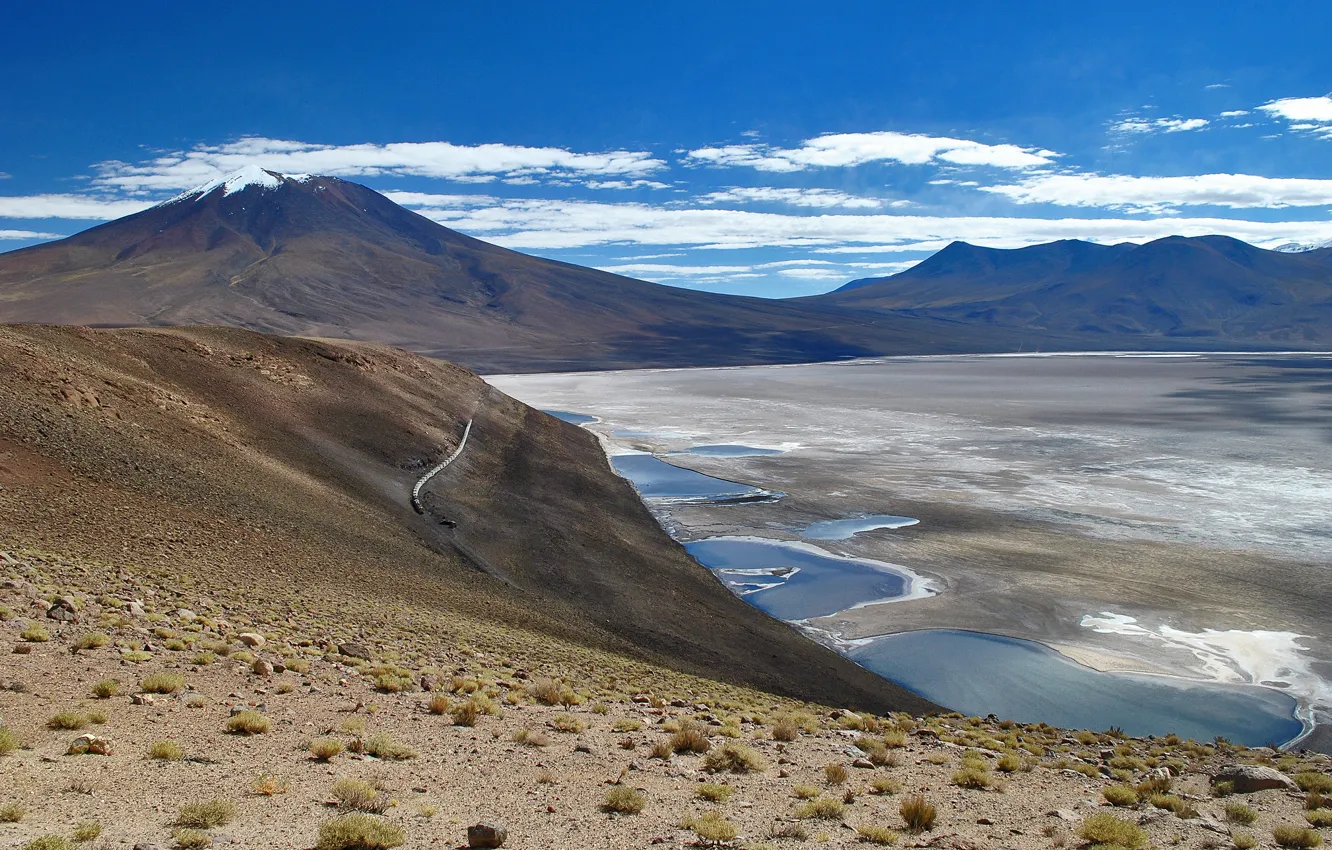 Фото обои Боливия, солончак Уюни, высохшее озеро, пустынная равнина Альтиплано