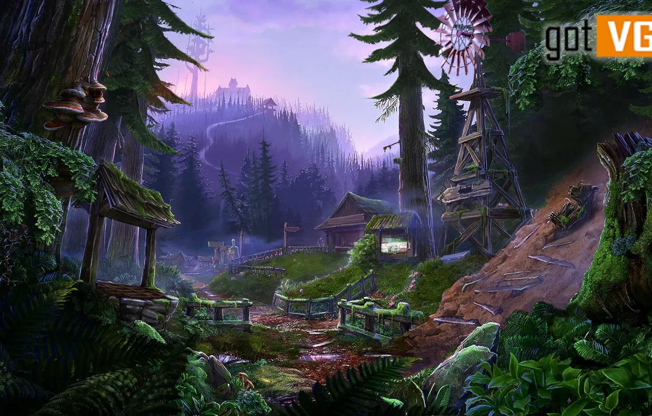 Фото обои лес, горы, поселение, The Mists of Ravenwood, Enigmatis 2