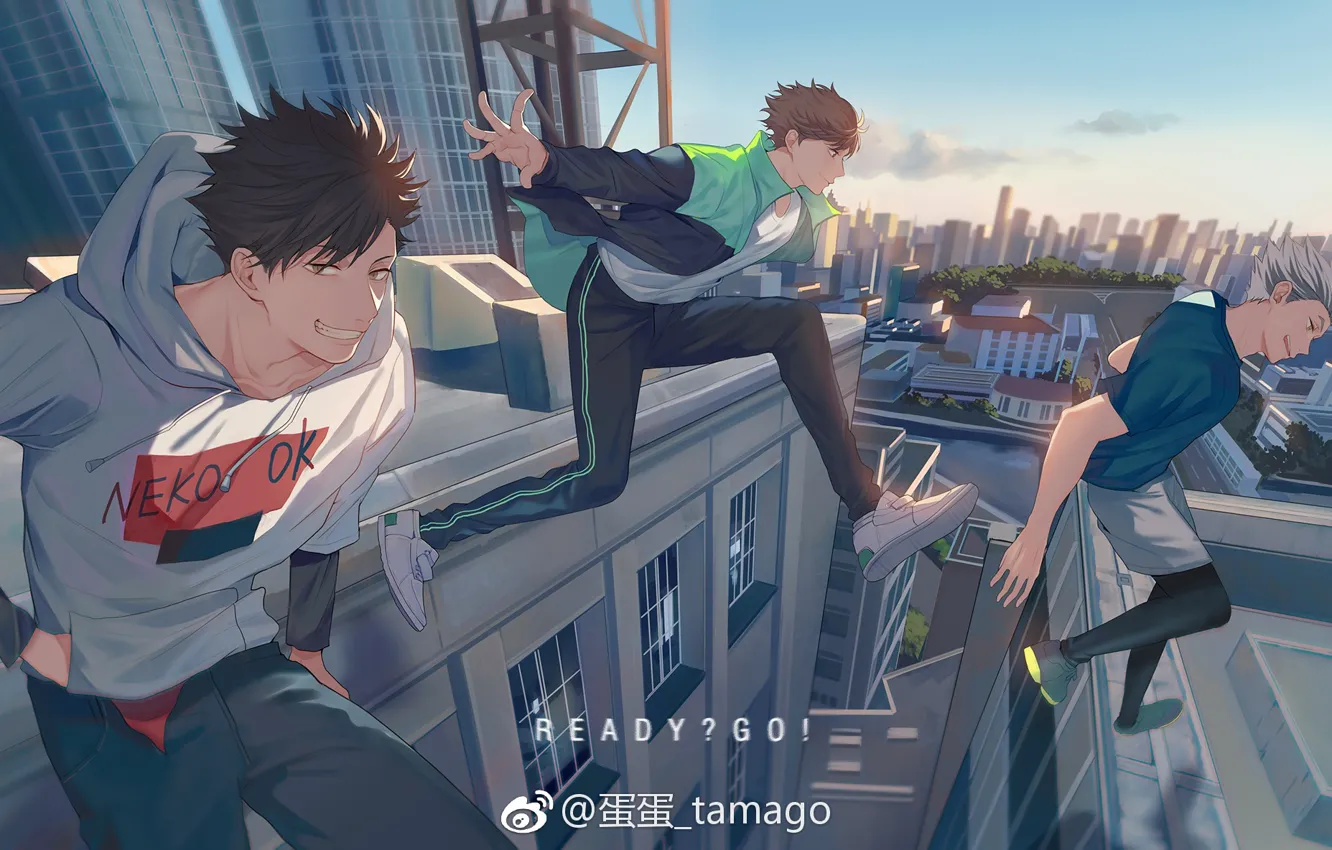 Фото обои город, парни, прыгают, Haikyuu, Tooru Oikawa, Koutarou Bokuto, Tetsurō Kuroo