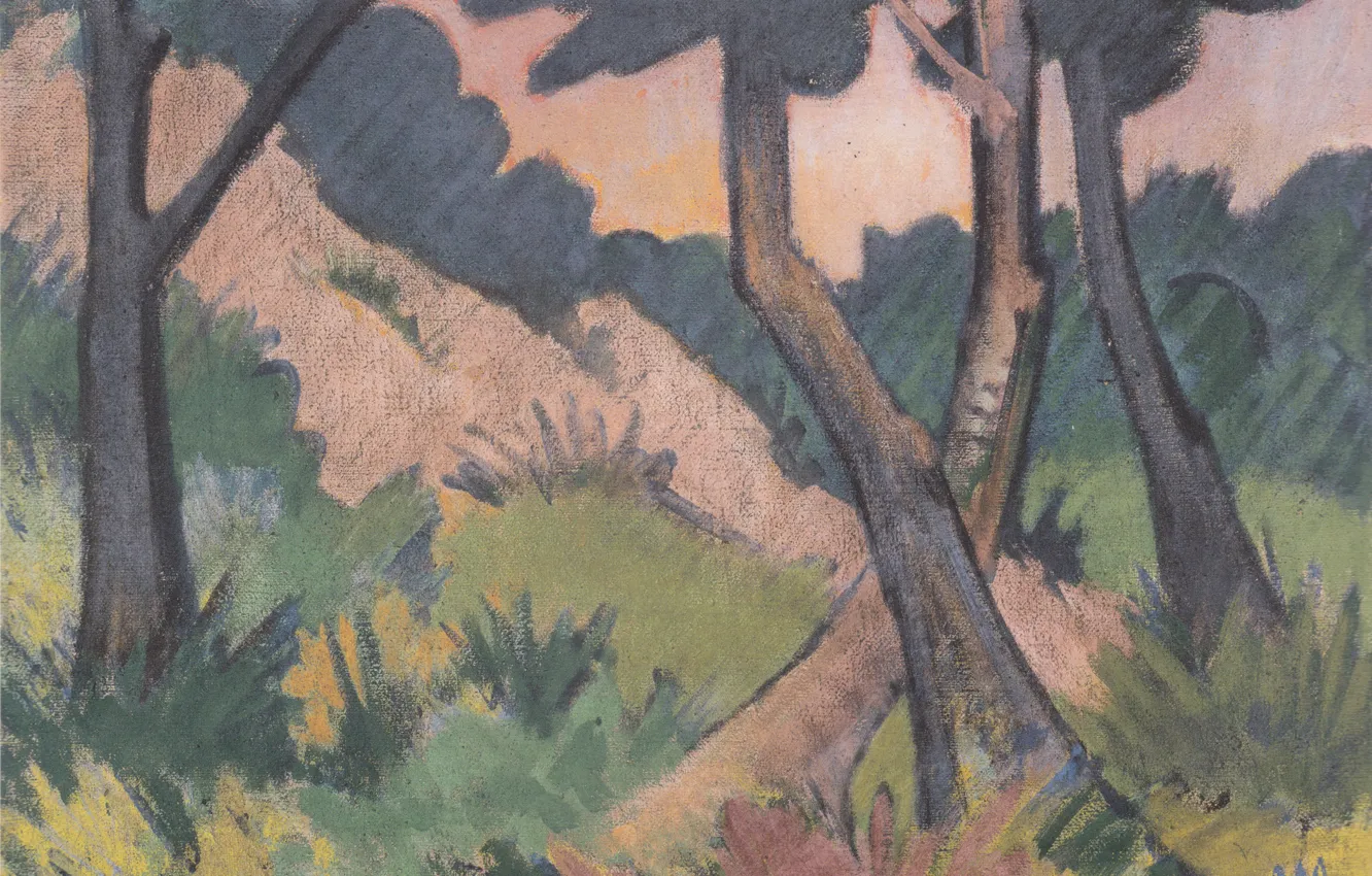 Фото обои лес, деревья, Экспрессионизм, Otto Mueller, Landschaft III, ca1924