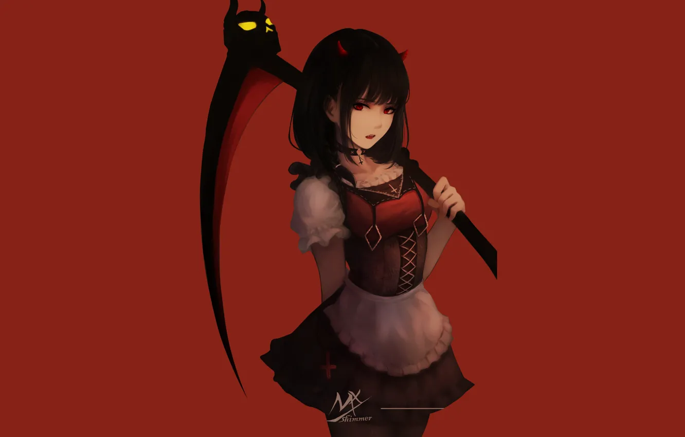 Фото обои dress, anime, red eyes, short hair, digital art, artwork, black hair, maid