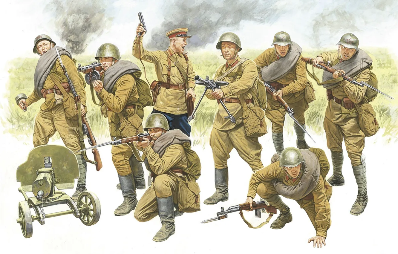 Фото обои рисунок, армия, Великая Отечественная война, пехота, Красная Армия, Советские солдаты