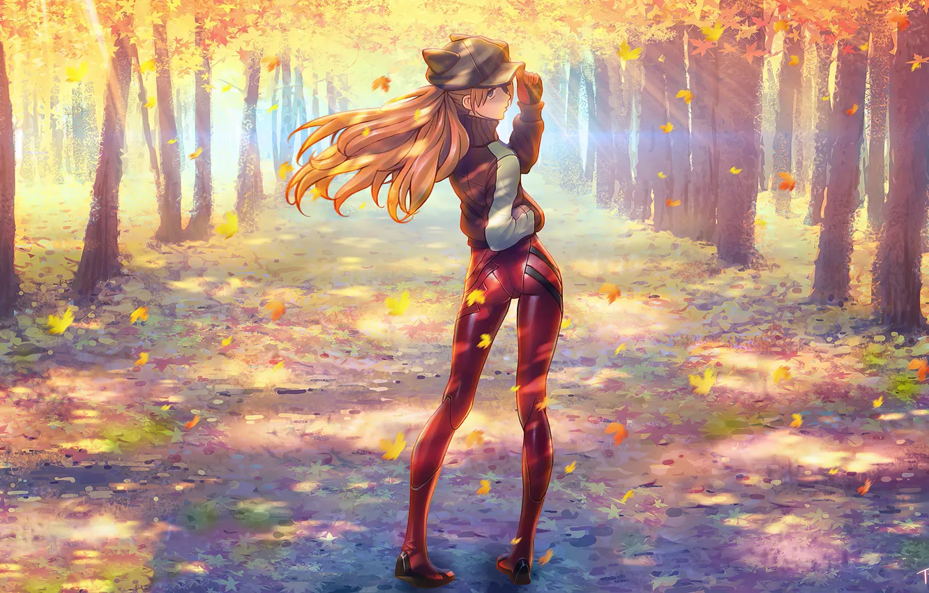 Фото обои деревья, аниме, кепка, рыжие волосы, аллея, жест, Neon Genesis Evangelion, girls