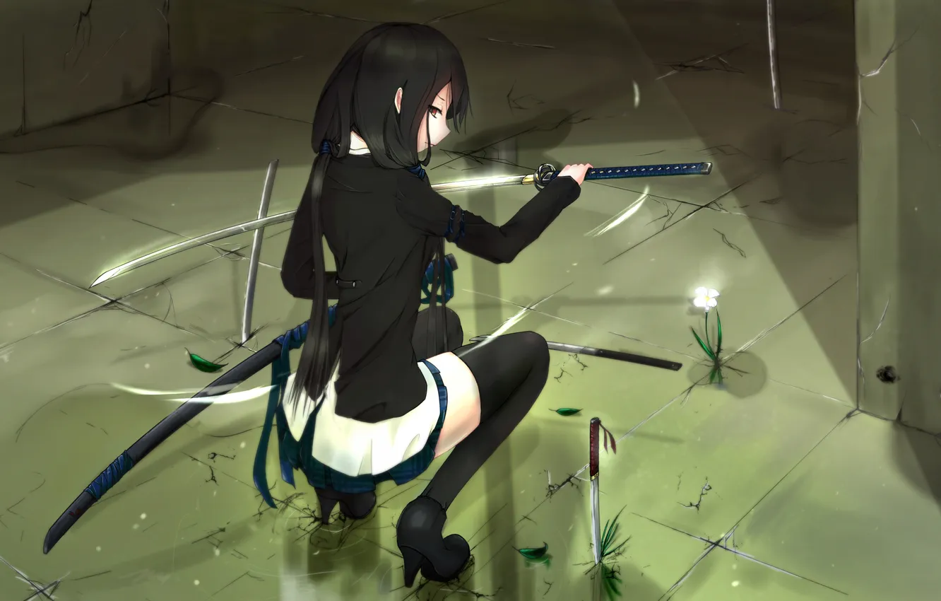Фото обои цветок, девушка, оружие, росток, меч, катана, арт, пол
