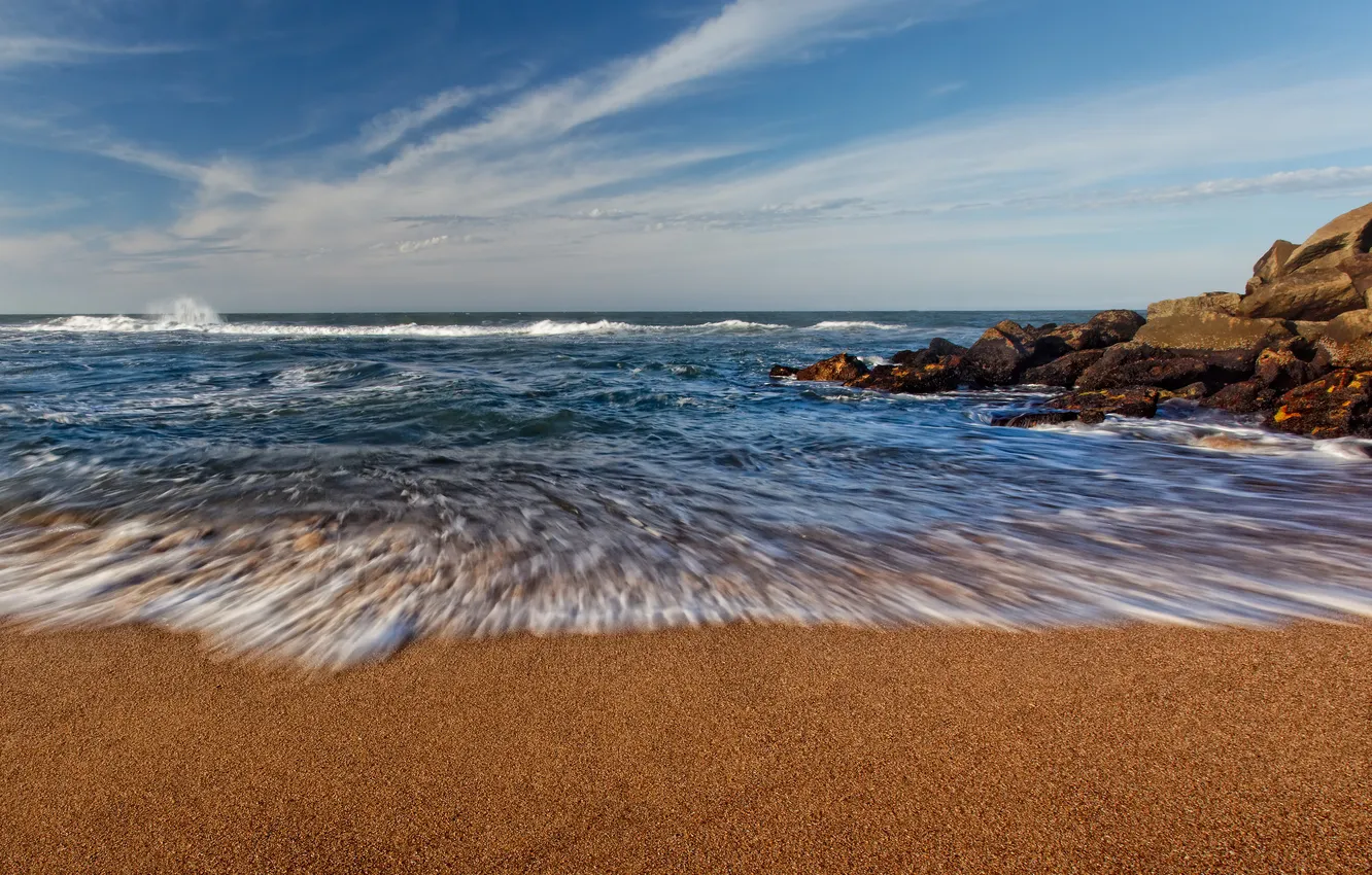 Фото обои пляж, небо, облака, камни, океан, волна, горизонт, атлантический