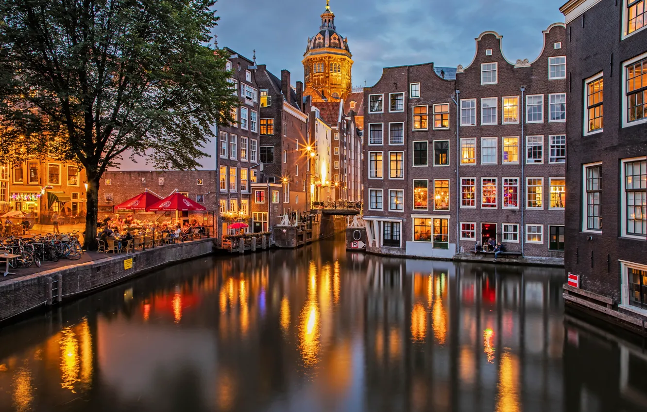 Фото обои здания, дома, вечер, Амстердам, канал, Нидерланды, набережная, Amsterdam