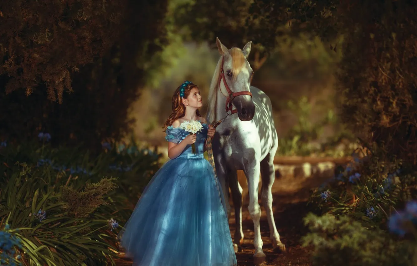 Фото обои цветы, парк, настроение, конь, лошадь, платье, девочка, букетик