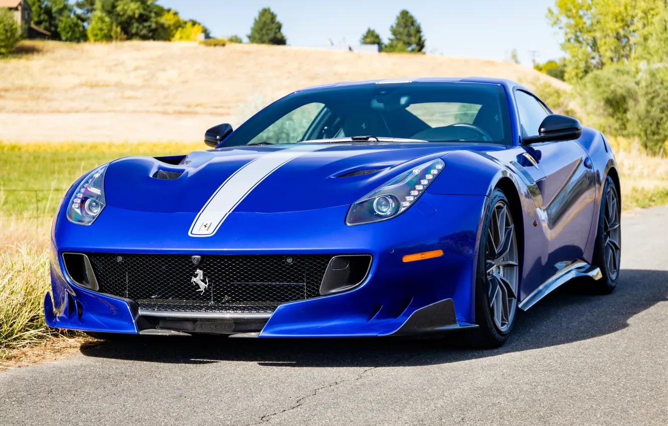 Фото обои синий, спорткар, вид спереди, Gran Turismo, Ferrari F12 TDF