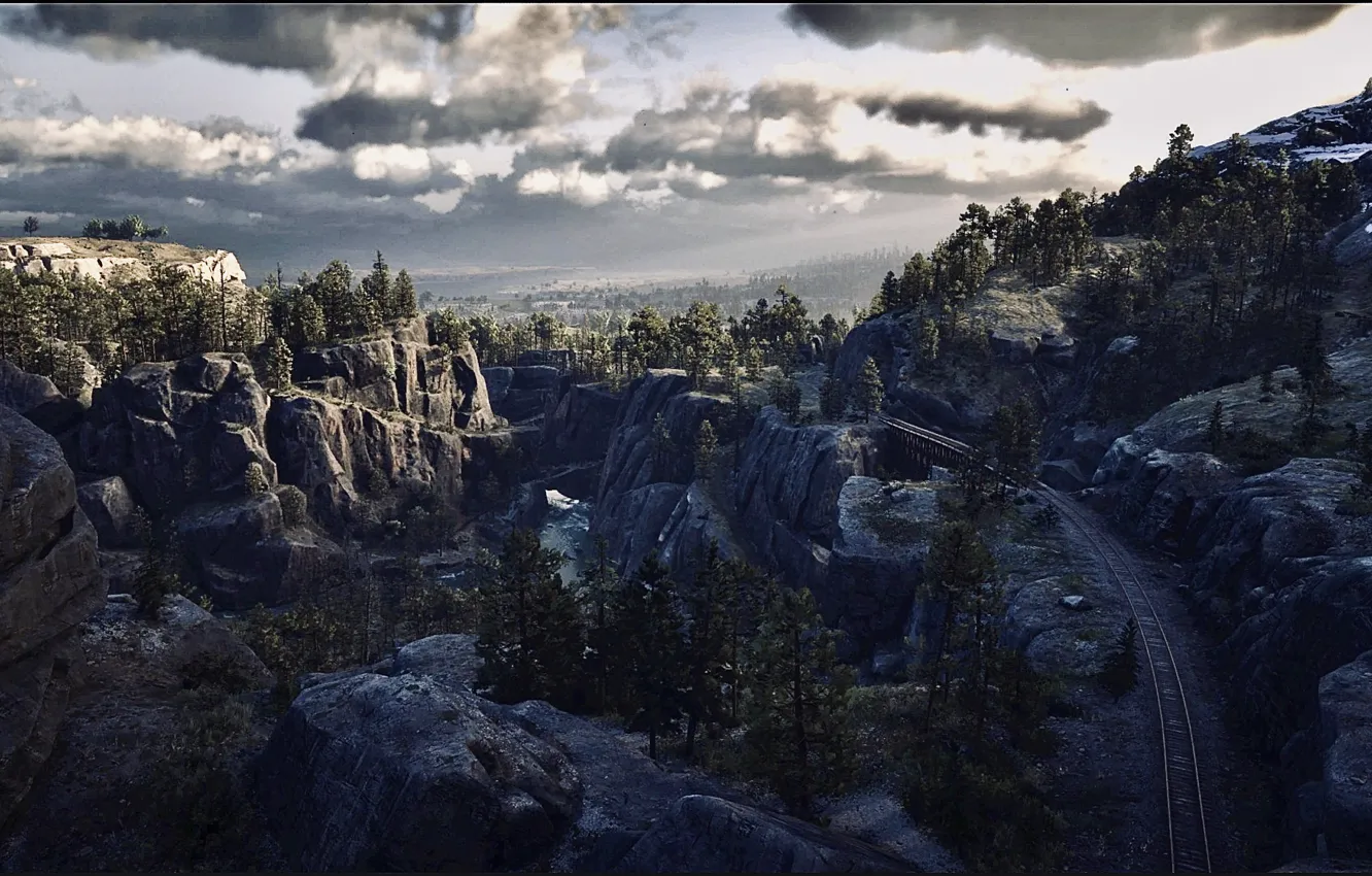 Фото обои HDR, Clouds, Landscape, Bridge, Mountain, Game, Rocks, Trees