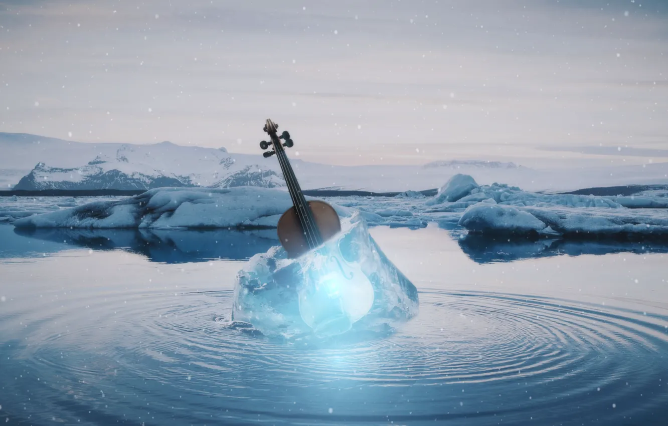 Фото обои скрипка, лёд, водоем