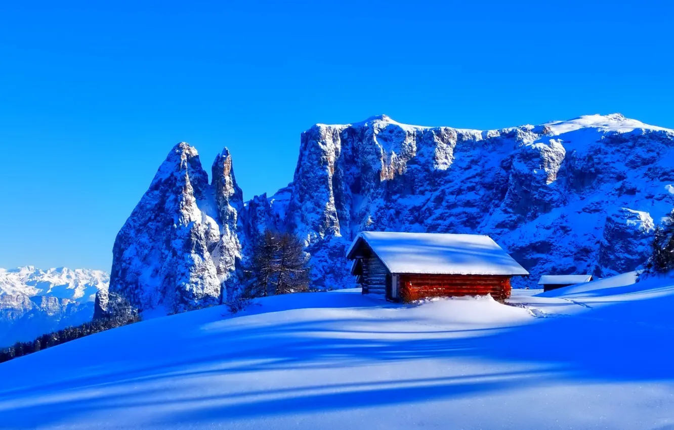 Фото обои rock, Winter, sky, trees, landscape, nature, mountains, snow