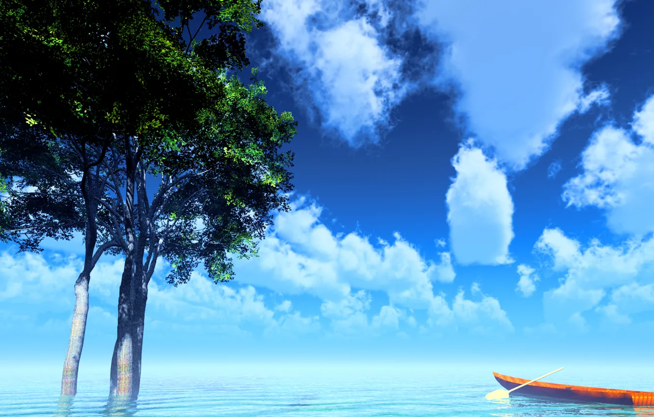 Фото обои небо, деревья, озеро, лодка, y-k
