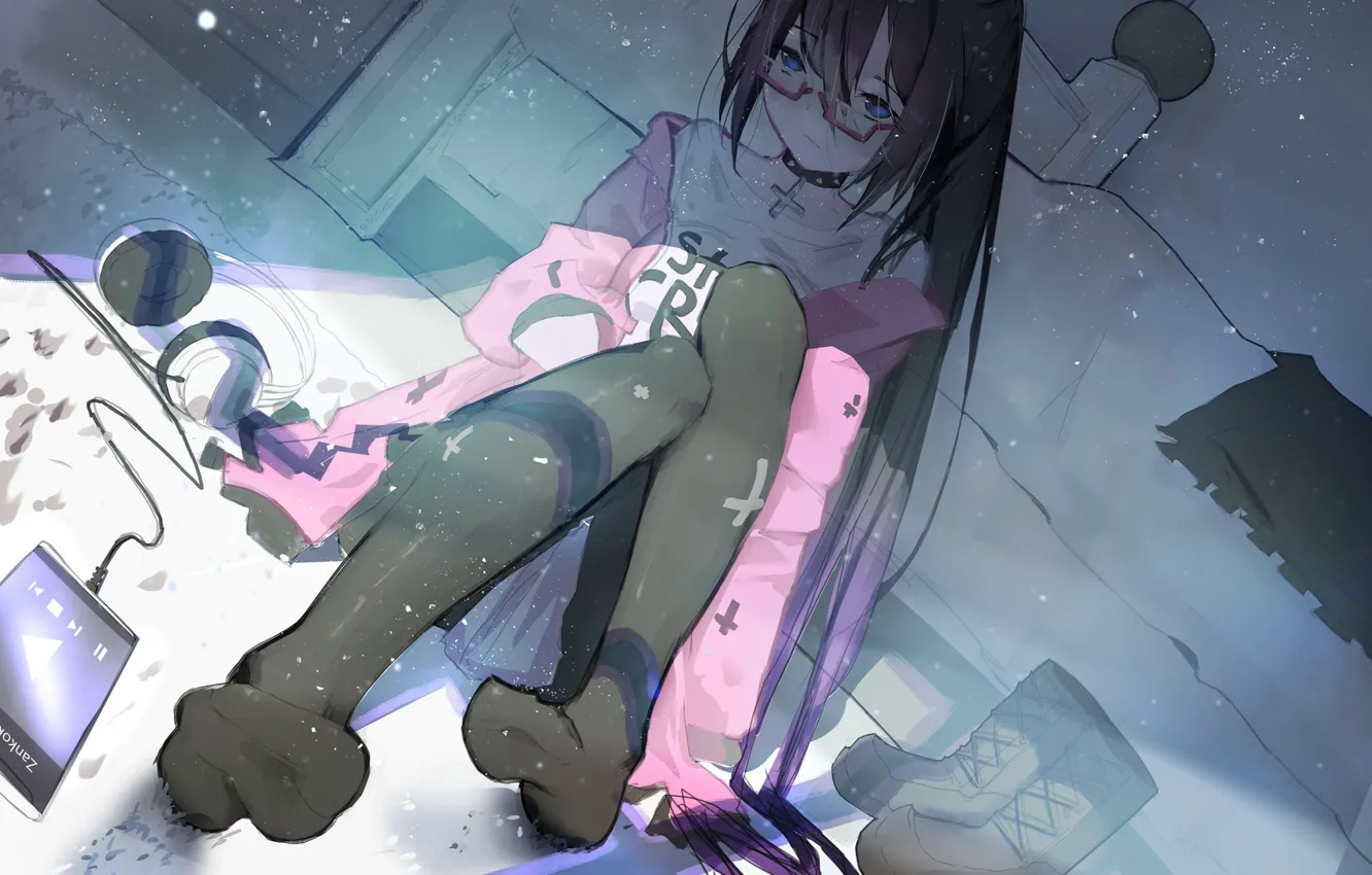 Фото обои наушники, арт, девочка, смартфон