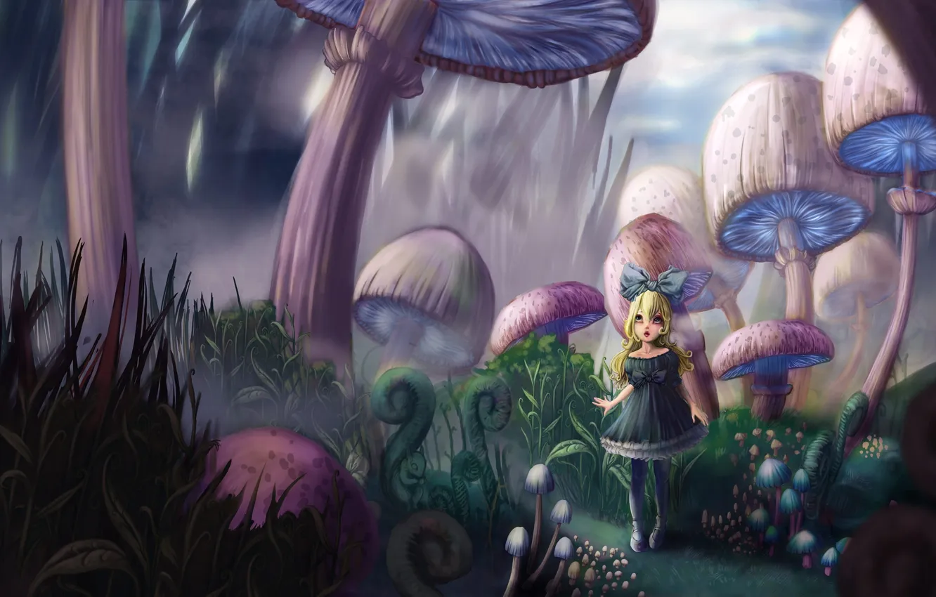 Фото обои грибы, сказка, арт, девочка, Alice in Wonderland
