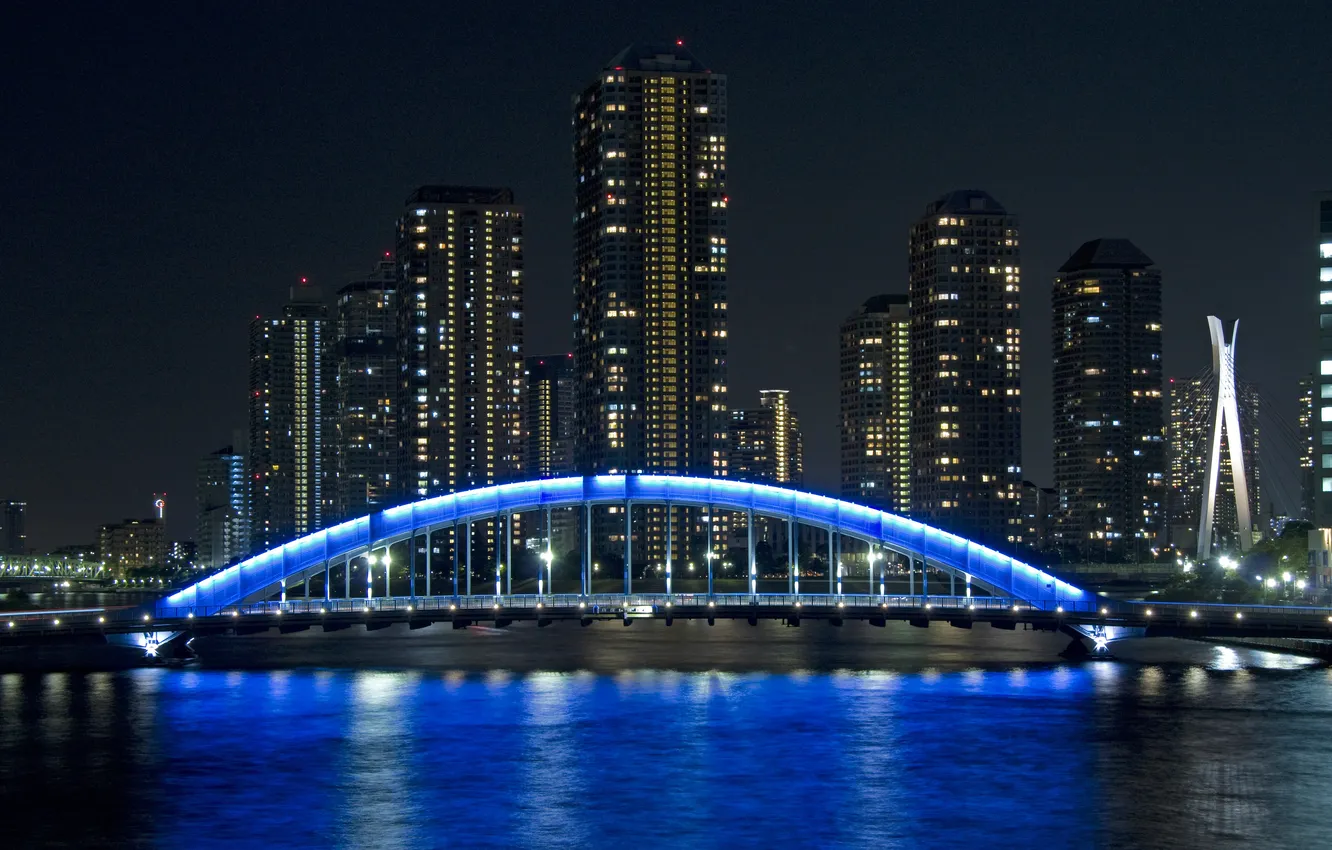 Фото обои ночь, город, небоскребы, Япония, подсветка, Токио, Tokyo, Japan