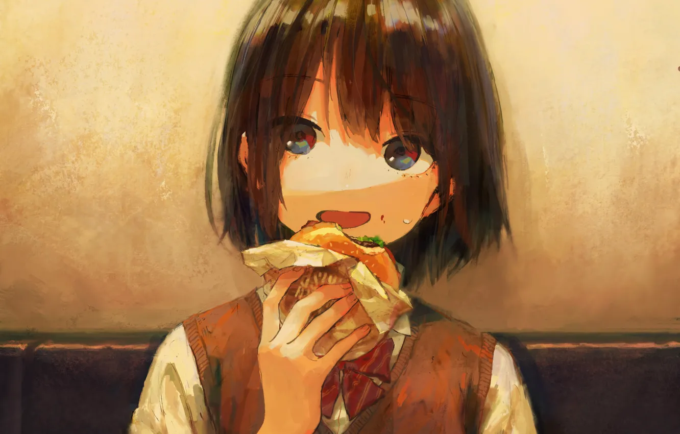 Фото обои лицо, девочка, школьница, бутерброд, кусает, жилетка, чёлка