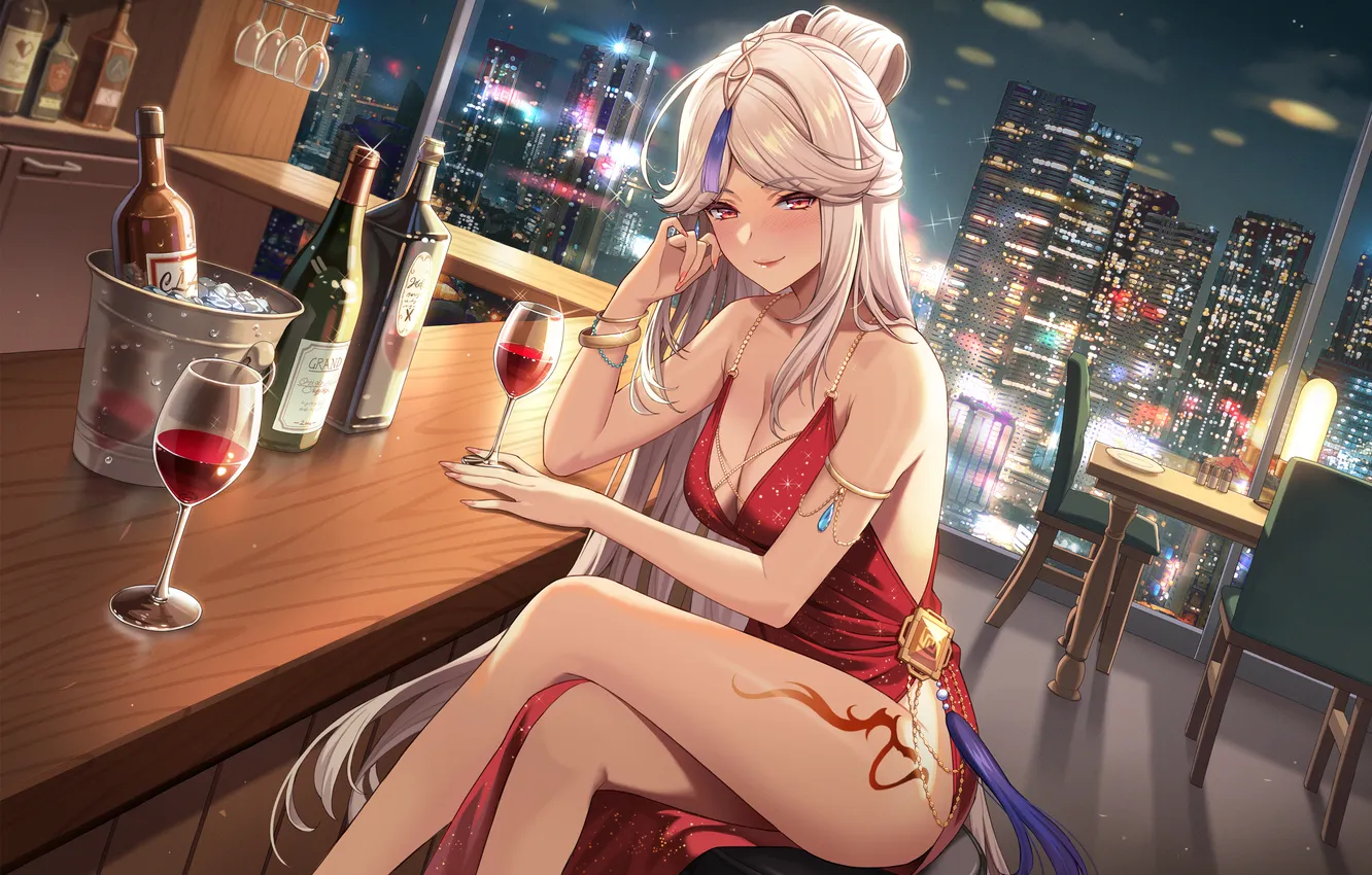 Фото обои red eyes, ponytail, big boobs, artwork, red dress, anime girls, white hair, bracelets
