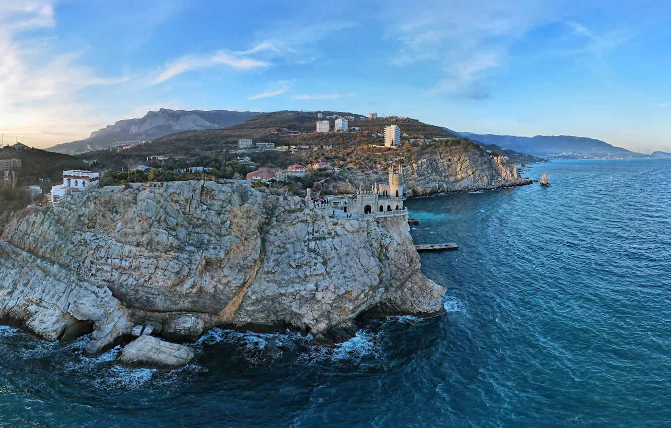 Фото обои море, пейзаж, горы, природа, скалы, Крым, Ласточкино гнездо, мыс