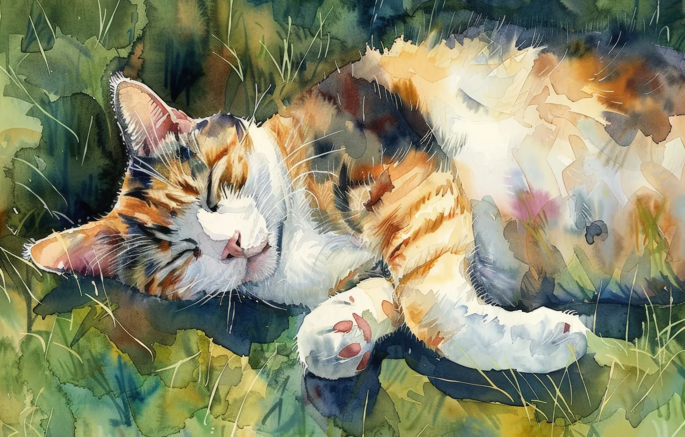 Фото обои Трава, Кошка, Спит, Кот, Арт, Цифровое искусство, ИИ-арт, Искусство искусственного интеллекта