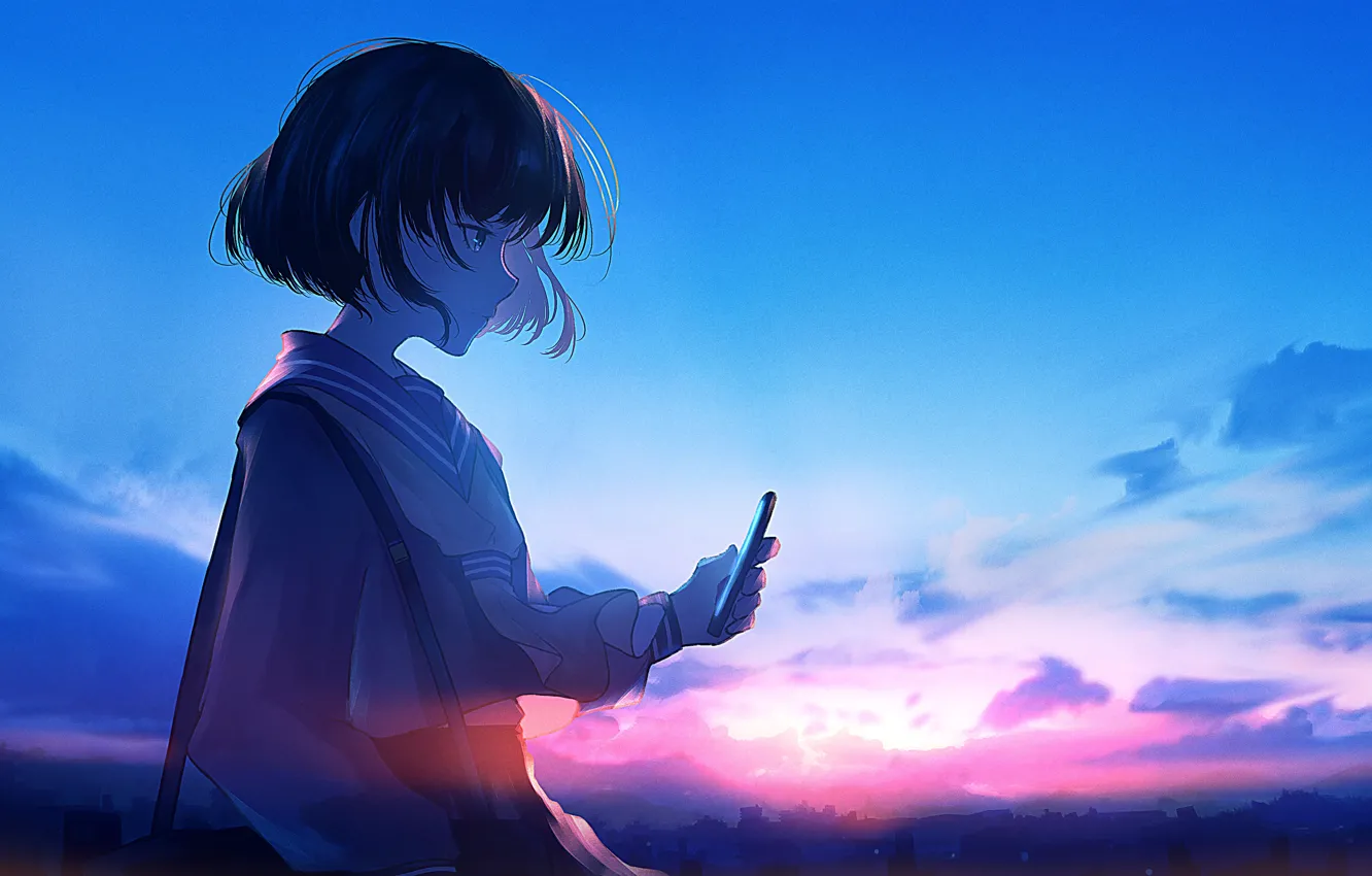Фото обои небо, закат, школьница, смартфон, mifuru