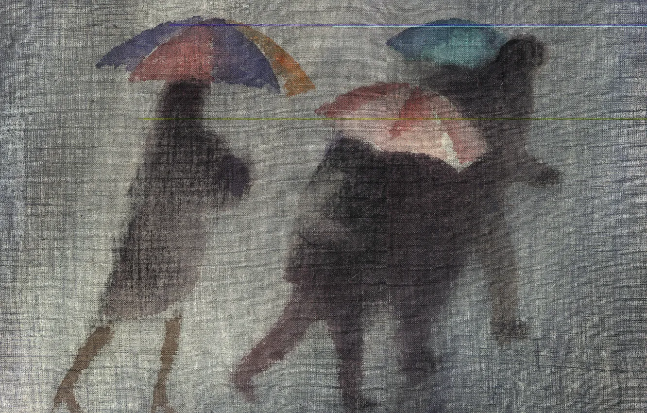 Фото обои осень, зонты, серый фон, чёрные фигуры, Роберт Макинтош, проливной дождь