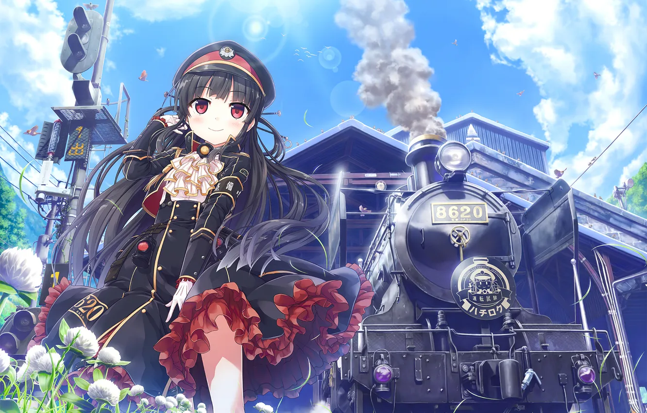Фото обои девушка, цветы, ветер, поезд, паровоз, депо, форма, фуражка
