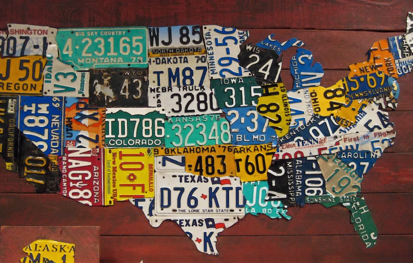 Фото обои USA, road, map, states, plates, car plates