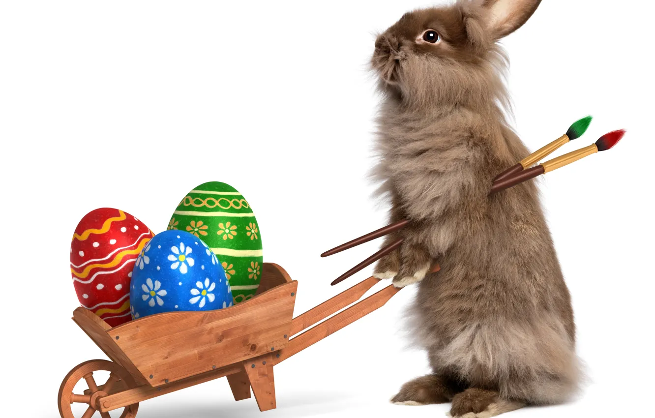 Фото обои яйца, кролик, Пасха, тележка, крашенные, кисточки, Easter, Holidays